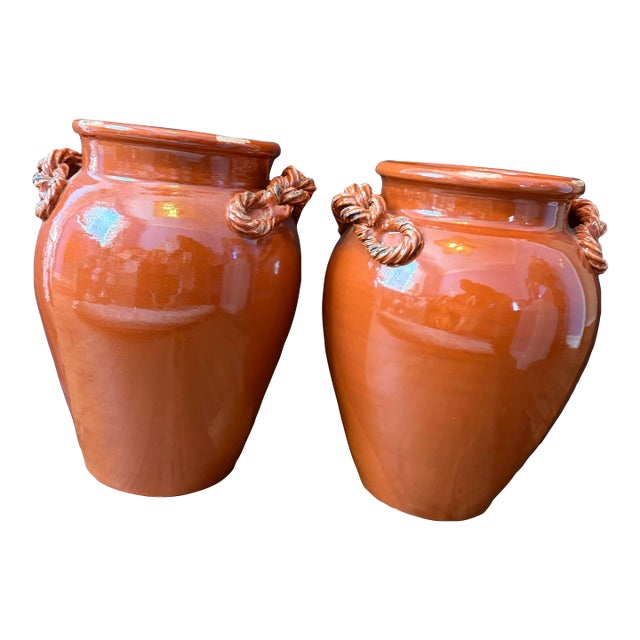 Pair of Large Vintage Vietri Italian Terracotta Vases With Braided Rope Handles For Sale