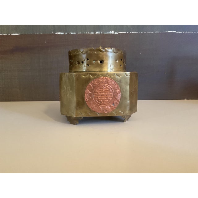 Vintage Brass & Copper Chinese Incense Burner With Longevity Medallion For Sale - Image 11 of 13