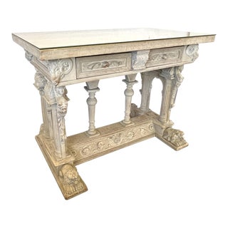 Renaissance Revival Weathered Beech Wood Carved Console Table With 2-Drawers and Glass Top For Sale