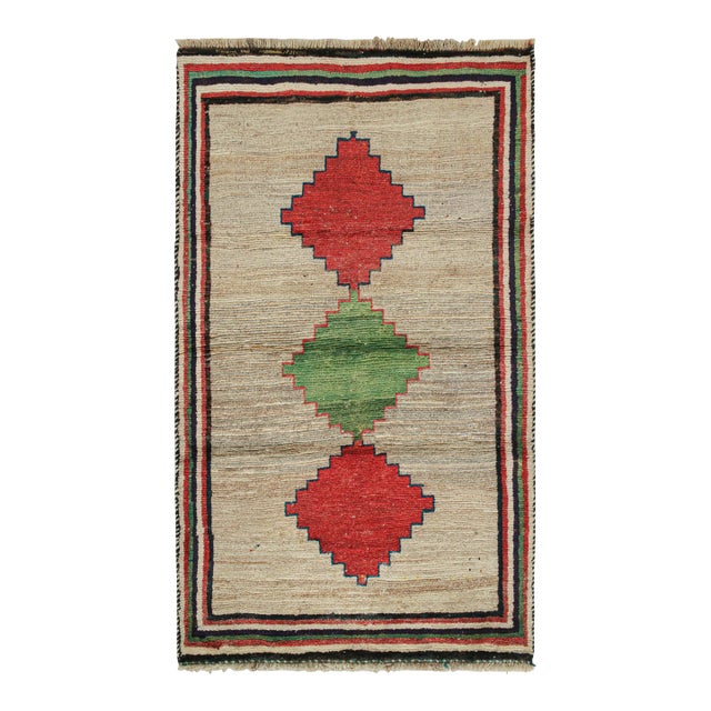 1950s Vintage Persian Tribal Runner in Beige With Green and Red Medallions by Rug & Kilim For Sale