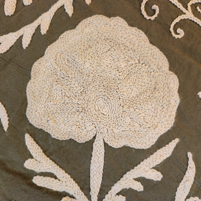Oilve Green and Cream Suzani Bed Cover For Sale - Image 4 of 6