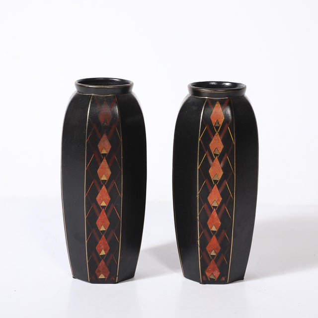 Pair of Art Deco Ceramic Vases W/ Geometric Motifs Signed Faincerie St Ghislain For Sale - Image 12 of 14