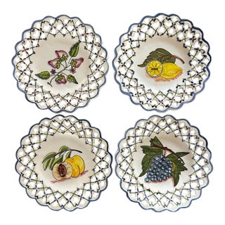 Vintage Fruit Plates Heart Pierced Edge Hand Painted Made in Portugal For Sale