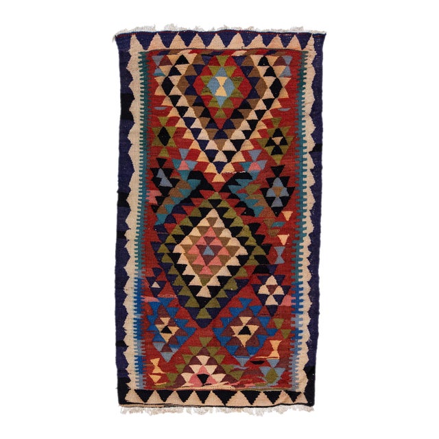 1960s Vintage Turkish Kilim Multicolor Handmade Tribal Wool Rug For Sale