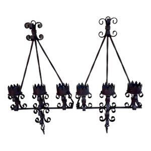 Early 20th Century Hand Forged Wrought Iron Medieval Large Candelabra Spanish Revival Sconce Set
