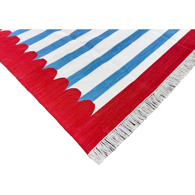 Handmade Cotton Area Rug, Blue and White Striped Scalloped Rug With Red Border - 4'x6' For Sale - Image 6 of 13