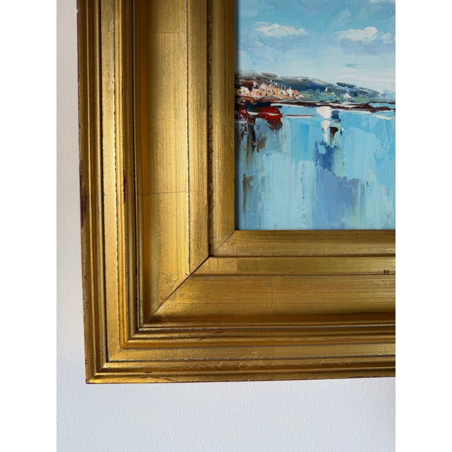 Blue Vintage Impressionist Abstract Coastal Harbor Oil on Canvas Painting, Gold Wood Framed For Sale - Image 8 of 12
