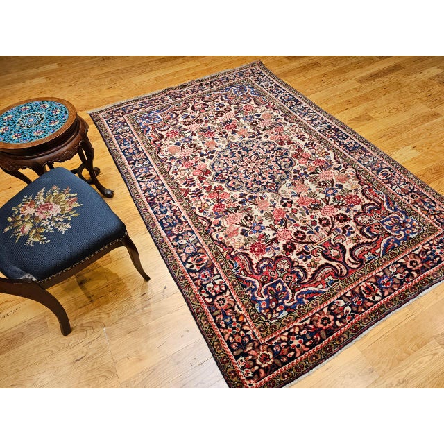 Vintage Persian Malayer Rug, Hand-Knotted Wool, Floral Pattern, 5x7, Ivory & Navy For Sale - Image 11 of 18