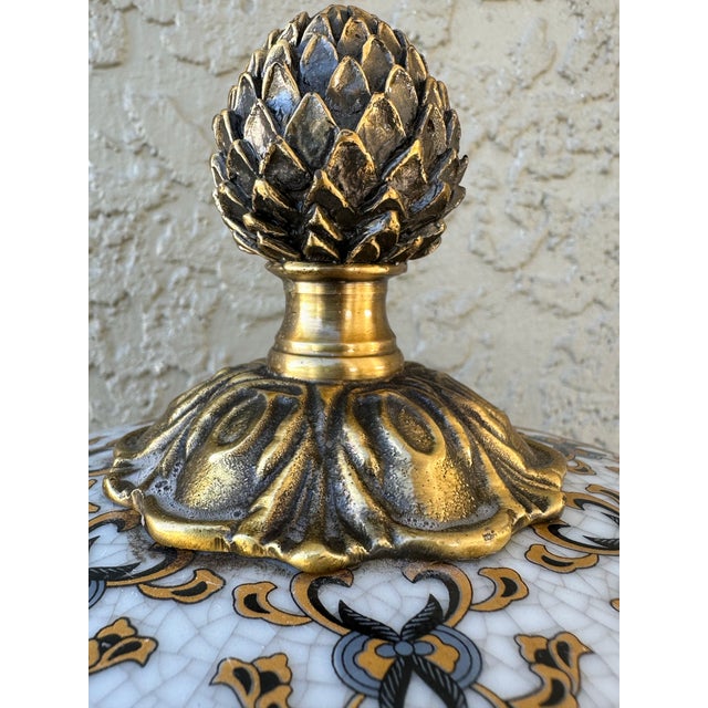 Mid 20th Century Vintage Early-Mid 20th Century Hand Painted White, Blue & Gold Porcelain and Brass Urn With Lid For Sale - Image 5 of 12