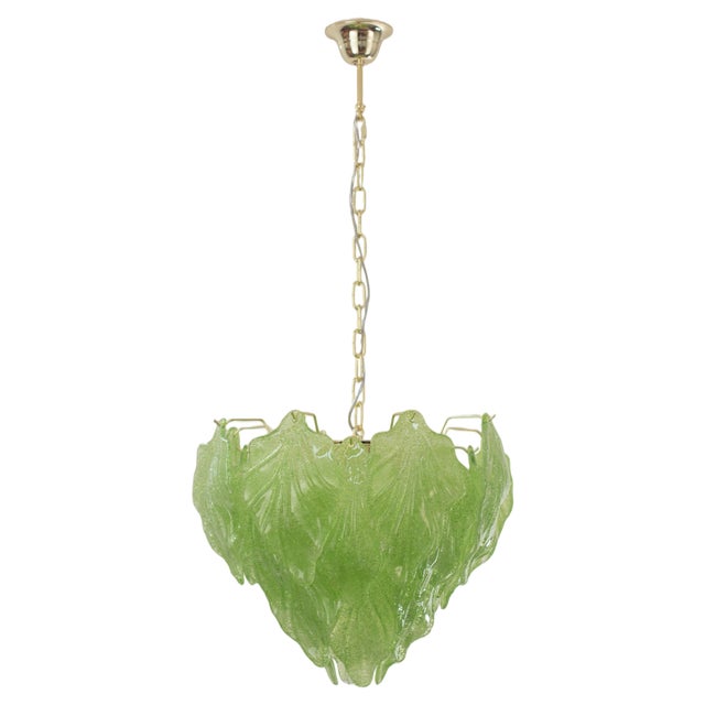 Suspension Chandelier in Murano Glass Leaves Green Color, Italy, 1990s For Sale