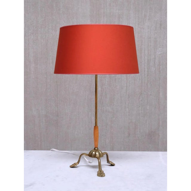 Edvard Hagman Table Lamp in Brass, Elm and Vermillion Shade, Sweden, 1940s For Sale - Image 9 of 12