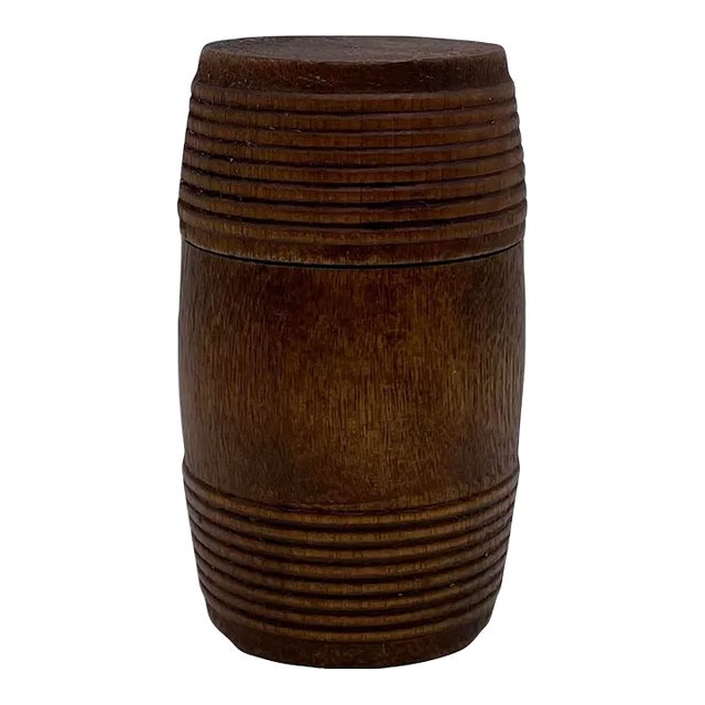 Early 1900s Small Antique Treen Barrel Container Turned Ribbed Wood For Sale
