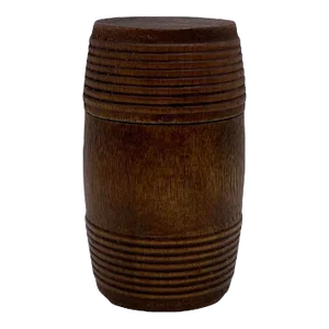 Early 1900s Small Antique Treen Barrel Container Turned Ribbed Wood