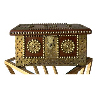 Mid 20th‑Century Spanish Colonial-Style Hand Hewn Walnut Wood & Brass Accent Box For Sale