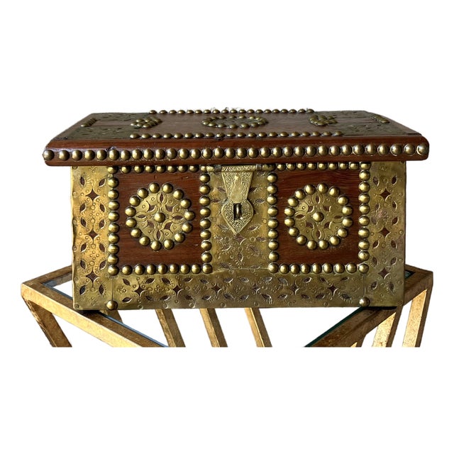 Mid 20th‑Century Spanish Colonial-Style Hand Hewn Walnut Wood & Brass Accent Box For Sale