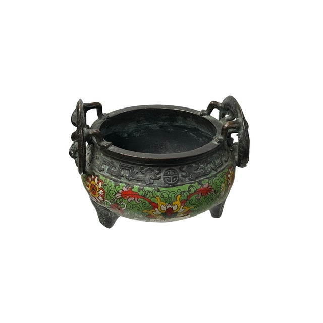 Traditional Vintage Light Green Enamel Metal Round Ding Shape Incense Burner Display Art For Sale - Image 3 of 8