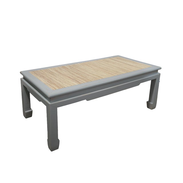 Vintage Ming-Style Grey Painted Coffee Table With Raffia Tabletop For Sale - Image 4 of 11