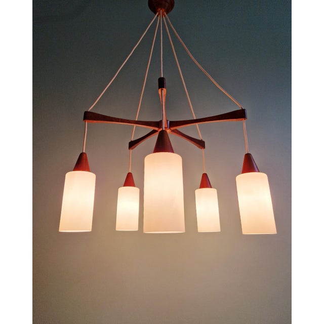 Large Scandinavian Chandelier in Teak and Satin White Opaline Glass, 1960s For Sale - Image 16 of 17