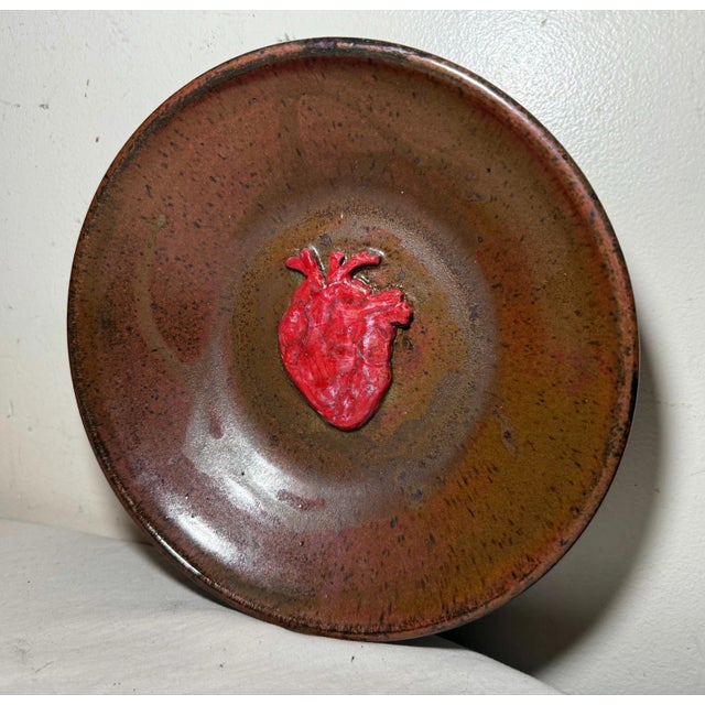 Figurative Exquisite Vintage Handmade Cindy Dimensional Heart Brown Glazed Pottery Bowl For Sale - Image 3 of 12