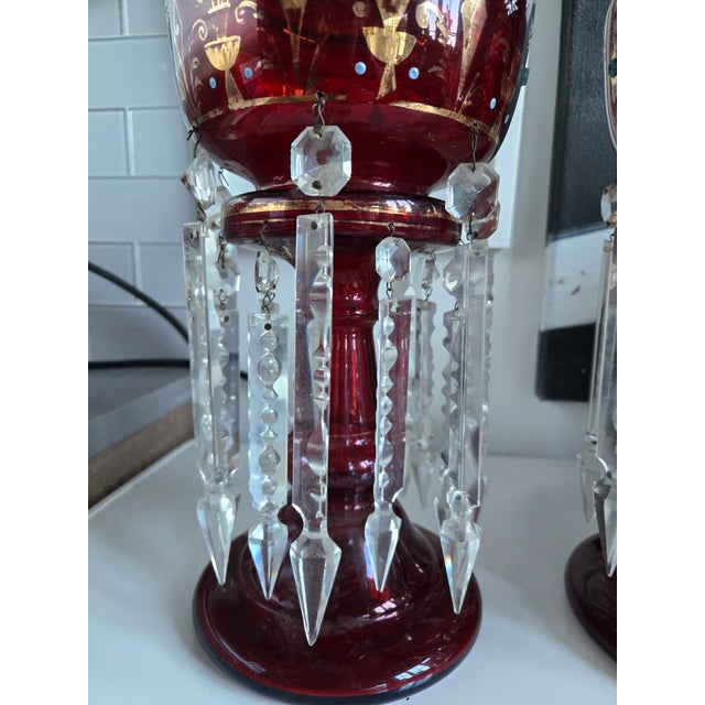 19th C Bohemian Cranberry Glass Enamel Lustres For Sale - Image 4 of 12