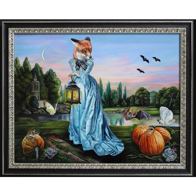 In "Madam X," a figure draped in a flowing blue gown carries a lantern, standing amidst a whimsical landscape filled with...