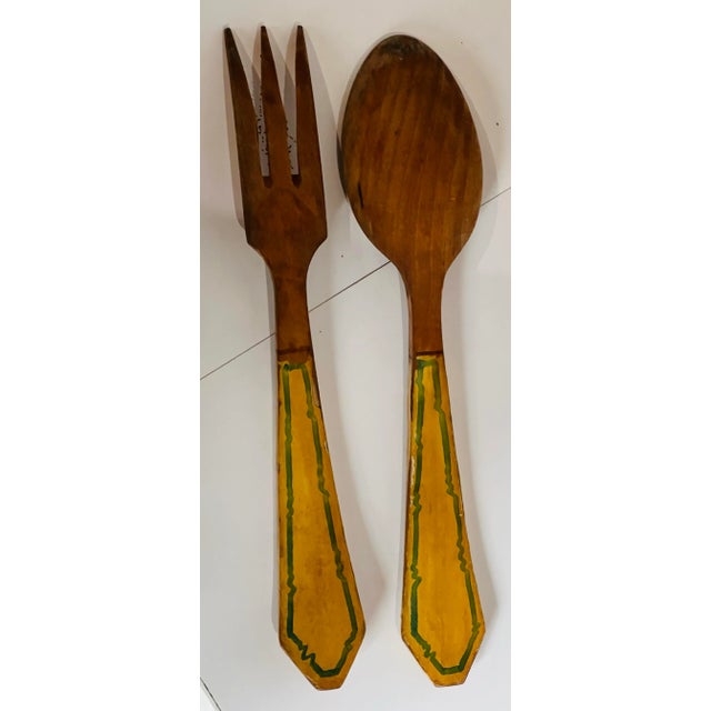 Vintage Norwegian Rosmaling Pattern Salad Bowl With Fork and Spoon Set of Three For Sale - Image 10 of 12