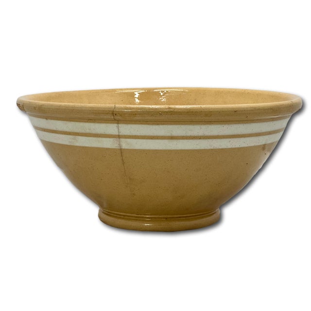 Antique Large Thick & Heavy 15 Inch Size Double Cream Banded Yellow Ware Kitchen Mixing Bowl Circa Mid 1800s For Sale - Image 17 of 18