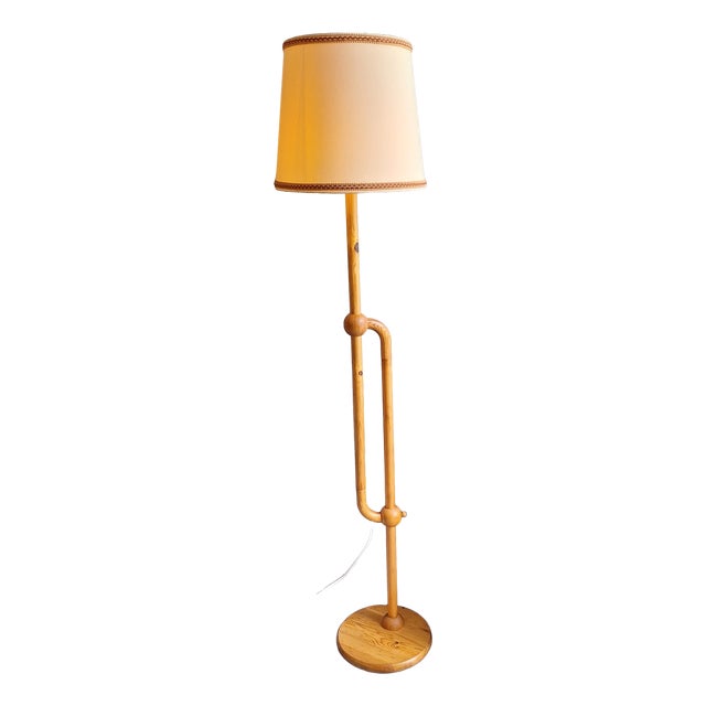 Vintage Swedish Adjustable Floor Lamp with Pine Wood Base and Fabric Shade, 1970s For Sale