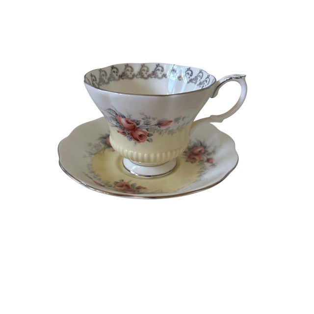 Vintage Royal Albert Moonglow Teacup and Saucer, Rose Marie Series, English Bone China, Pink Roses & Yellow Gold Trim For Sale In Indianapolis - Image 6 of 7