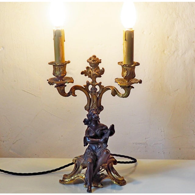 Antique Victorian Rococo Revival French Bronze Harpist Candelabra Table Lamp, 1870s For Sale - Image 4 of 18
