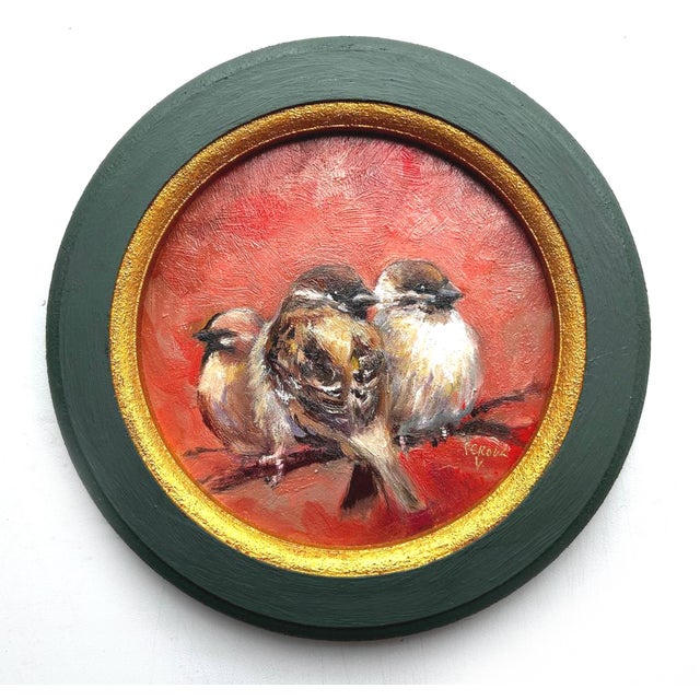 Gold Original Sparrow Oil Painting Framed, Miniature Bird Art by Valeriya Serova For Sale - Image 8 of 11