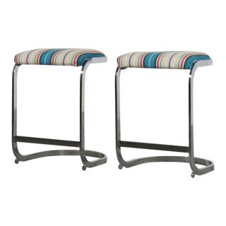 Milo Baughman Chrome Cantilever backless Bar Stools - Pair For Sale