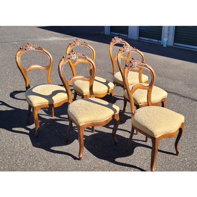 Art Nouveau Set 6 Carved Walnut French Baloon Back Chairs For Sale - Image 3 of 12