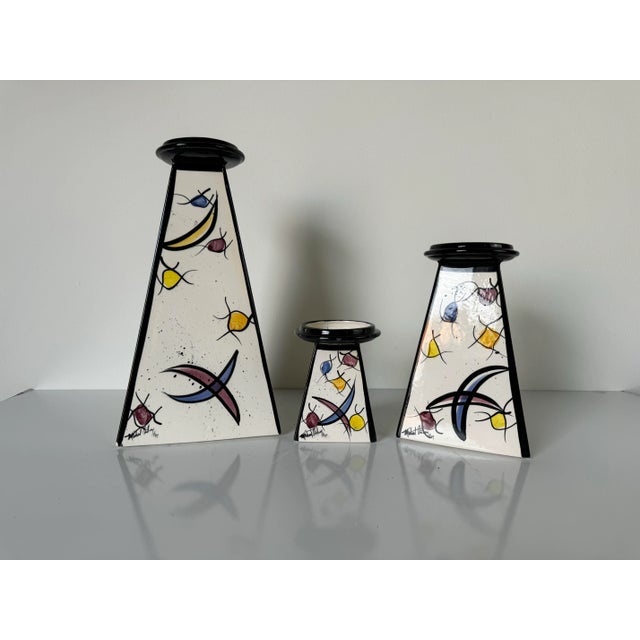1990s Postmodern - Style Michael Anthony Hand Painted Art Ceramic Candle Holders - Set of 3/ Sold For Sale - Image 4 of 11
