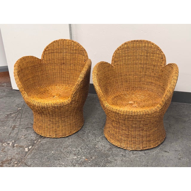Boho Chic Floral Vintage Boho Style Wicker Lounge Chairs, Pair For Sale - Image 3 of 12