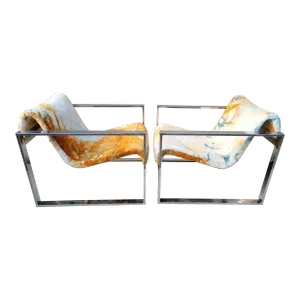Mid 20th Century Pair of Milo Baughman Style Chrome Flat Bar Frame Scoop Lounge Chairs