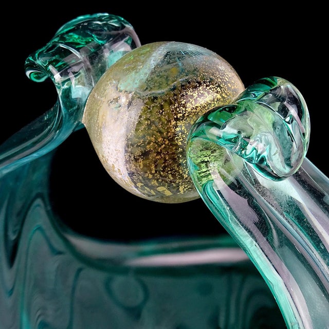 Alfredo Barbini Murano Aqua Gold Flecks Italian Art Glass Flower Basket