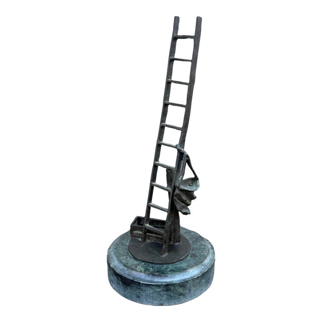 Vintage R. Arenas Bronze Ladder Sculpture on Marble Base – Limited Edition 1992 Figurative Artwork For Sale