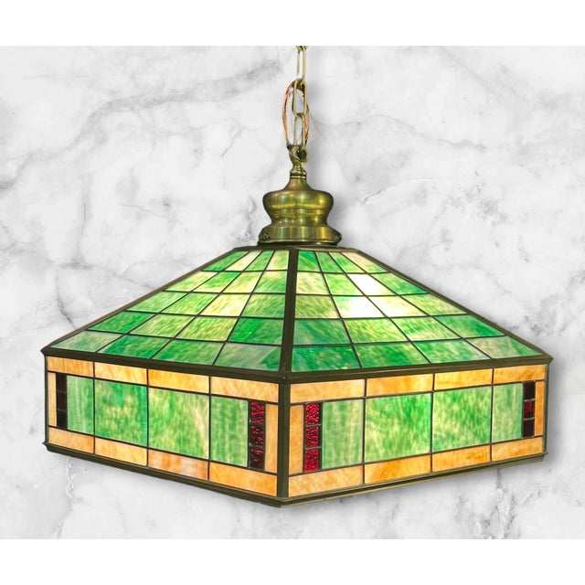 Arts & Crafts 1930s Arts & Crafts Pendant Light With Green Glass For Sale - Image 3 of 14