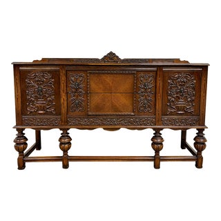 Vintage Hodell Furniture Company Jacobean or Tudor Style Carved Sideboard Server Buffet For Sale