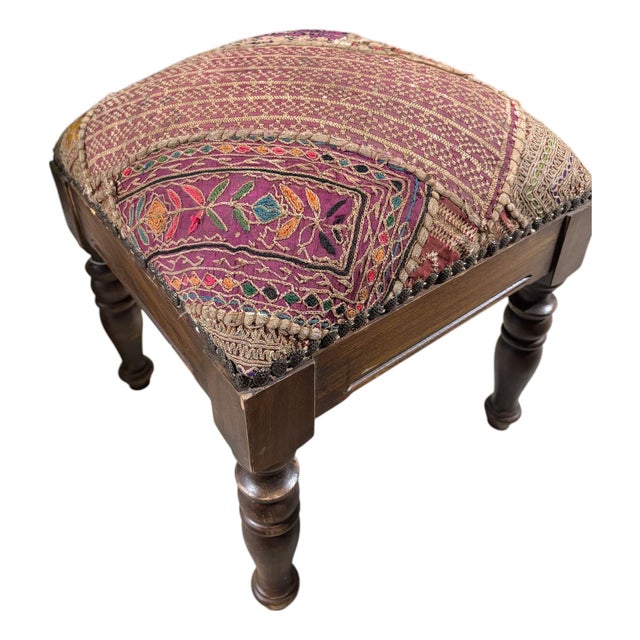 Vintage Stool/Footstool Upholstered W/ Kutchi Indian Banjara Fabric W 16" H For Sale