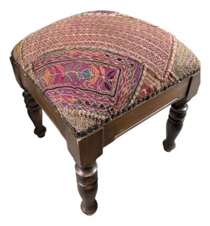 Vintage Stool/Footstool Upholstered W/ Kutchi Indian Banjara Fabric W 16" H