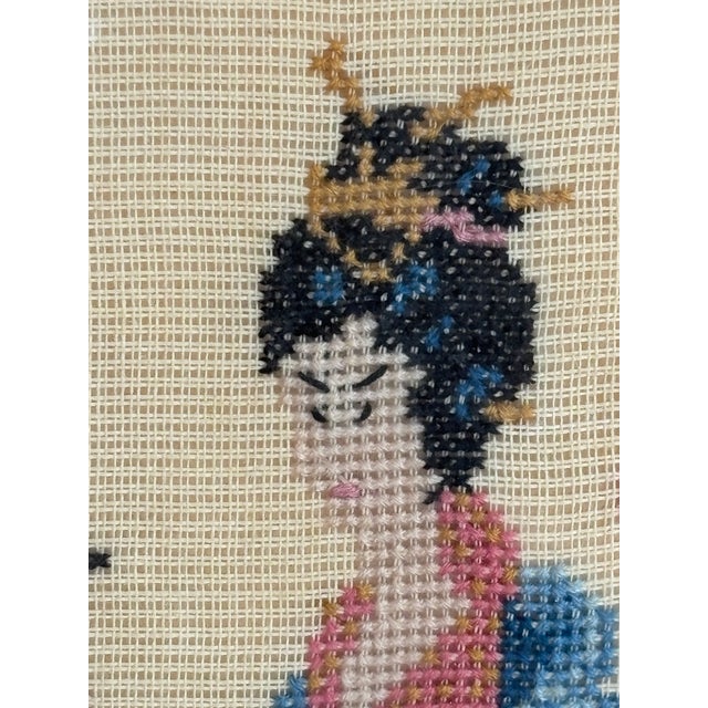 Circa 1950s Japanese-Inspired Cross-Stitch Textile Artwork — Framed For Sale - Image 13 of 18