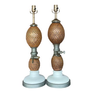 Vintage Boho French “Briet Brevete” Rattan and Glass Lamps - a Pair For Sale