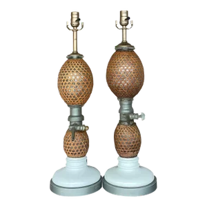Vintage Boho French “Briet Brevete” Rattan and Glass Lamps - a Pair