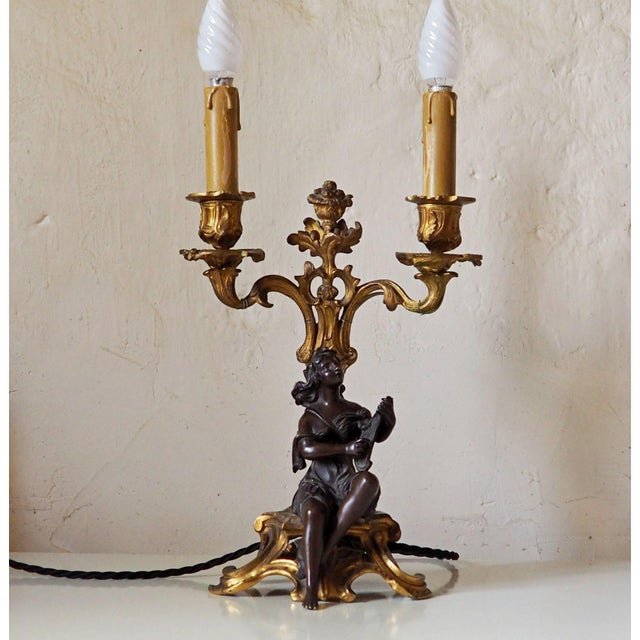 Antique Victorian Rococo Revival French Bronze Harpist Candelabra Table Lamp, 1870s For Sale - Image 9 of 18