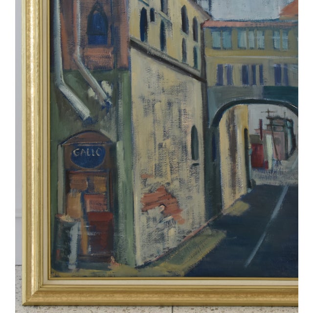 Abstract Midcentury Vintage European Village Street Oil Painting For Sale - Image 3 of 10