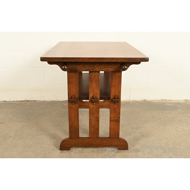 Stickley Style Antique Mission Oak Arts & Crafts Metamorphic Library Table Monk's Chair | Newly Refinished For Sale - Image 13 of 15