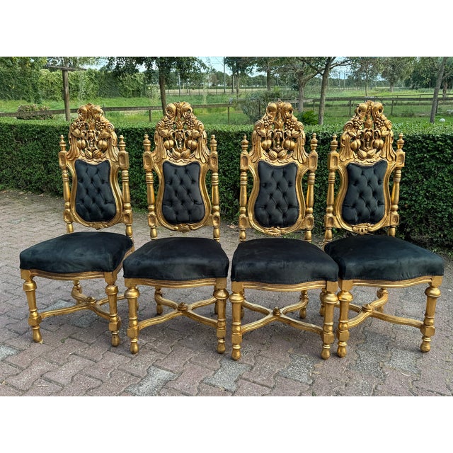 1900 Italian Rococo Gilded Beech Black Velvet Chairs – Set of 8pcs For Sale - Image 12 of 18