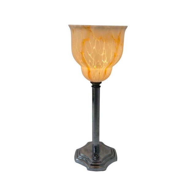 Art Deco Chalice Shaped Multi Colored Glass Table Lamp with Silver Plated Base & Power Switch For Sale - Image 11 of 11